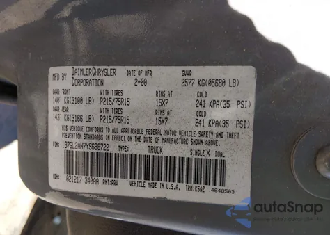 2000 Dodge Dakota Slt/Sport z USA, uszkodzony, nr VIN 1B7GL2AN7YS688722